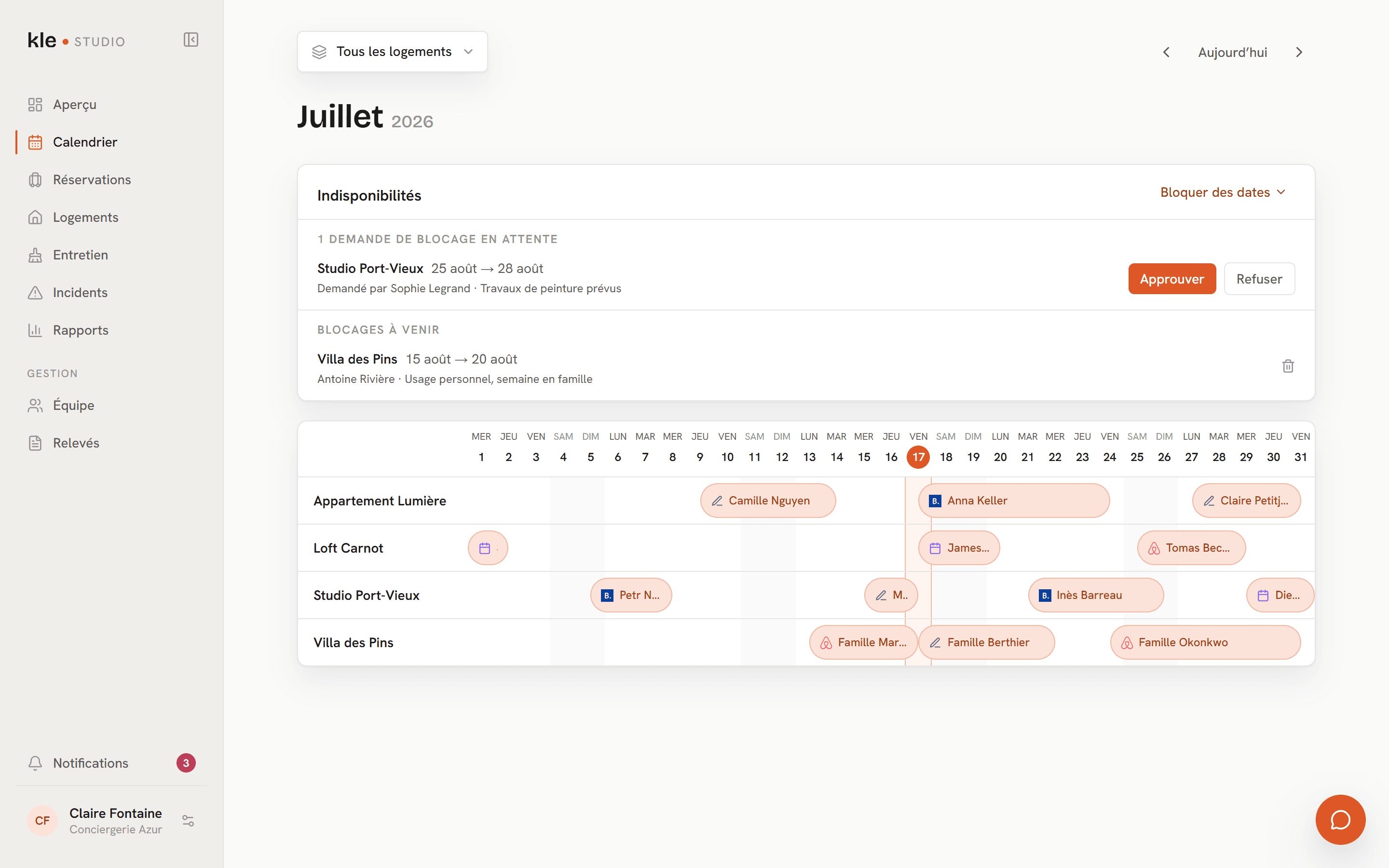 Calendrier unifié de Kle Studio avec réservations multi-canaux et blocages de dates