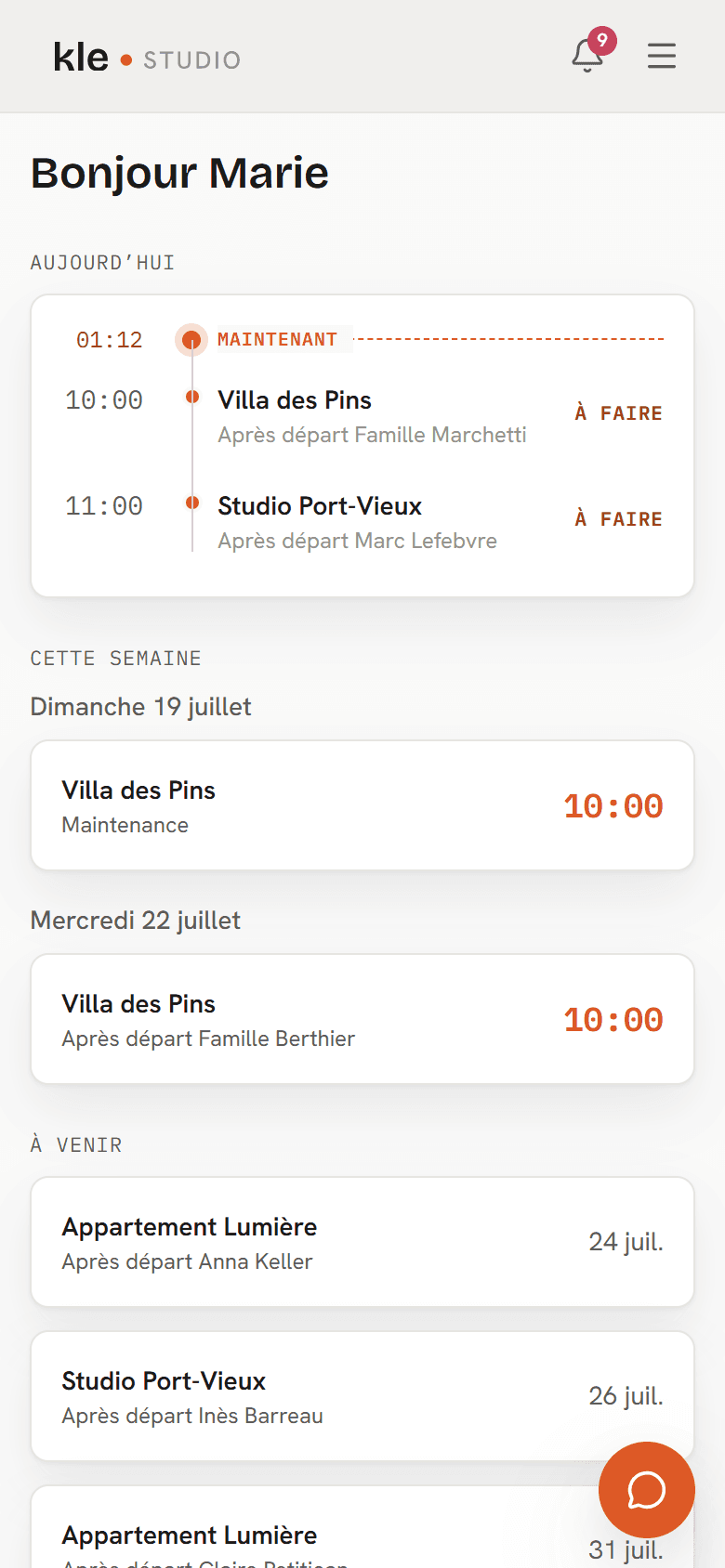 Planning de ménage mobile de Kle Studio : tâches du jour et de la semaine