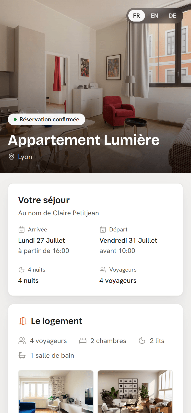Page séjour voyageur de Kle Studio sur mobile : photo du logement, dates et informations pratiques